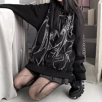 Cute black goth anime hoodie grunge loose long sleeve shirt aesthetic casual e-girl kawaii korean japanese harajuku - Thumbnail 2