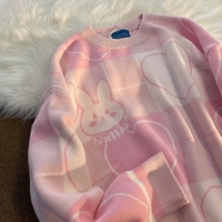 Cute Pink Bunny Rabbit Cartoon Knit Sweater Long Sleeve Pullover Jumper Aesthetic Casual E-Girl Kawaii Korean Japanese Harajuku - Thumbnail 1