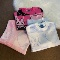 Cute Pink Bunny Rabbit Cartoon Knit Sweater Long Sleeve Pullover Jumper Aesthetic Casual E-Girl Kawaii Korean Japanese Harajuku - Thumbnail 4