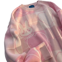 Cute Pink Bunny Rabbit Cartoon Knit Sweater Long Sleeve Pullover Jumper Aesthetic Casual E-Girl Kawaii Korean Japanese Harajuku - Thumbnail 5