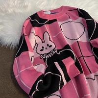 Cute Pink Bunny Rabbit Cartoon Knit Sweater Long Sleeve Pullover Jumper Aesthetic Casual E-Girl Kawaii Korean Japanese Harajuku - Thumbnail 6