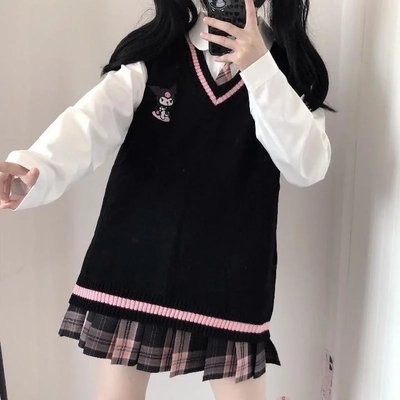 Cute anime cartoon print knit vest sweater crop top v neck sleeveless shirt aesthetic casual summer e-girl kawaii korean japanese harajuku - Thumbnail 3