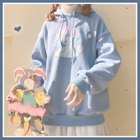 Cute Cream Bunny Rabbit Print Long Sleeve Hoodie Oversized Pullover Sweater Aesthetic Casual E-Girl Kawaii Korean Japanese Harajuku - Thumbnail 1