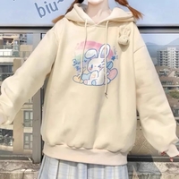 Cute Cream Bunny Rabbit Print Long Sleeve Hoodie Oversized Pullover Sweater Aesthetic Casual E-Girl Kawaii Korean Japanese Harajuku - Thumbnail 3