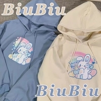 Cute Cream Bunny Rabbit Print Long Sleeve Hoodie Oversized Pullover Sweater Aesthetic Casual E-Girl Kawaii Korean Japanese Harajuku - Thumbnail 5