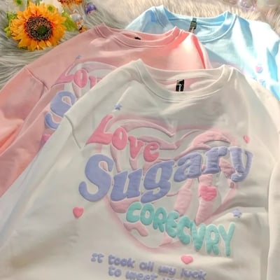 Sweet pastel print oversized crewneck sweatshirt long sleeve shirt aesthetic casual summer e-girl kawaii korean japanese harajuku - Thumbnail 3