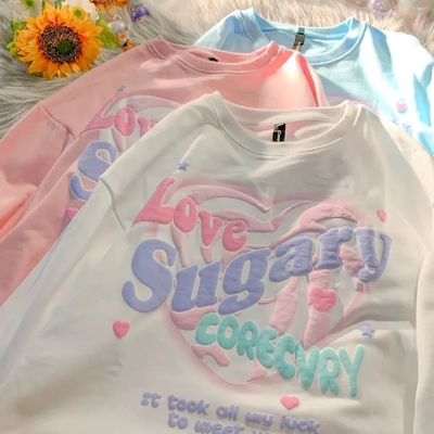 Sweet Pastel Print Oversized Crewneck Sweatshirt Long Sleeve Shirt Aesthetic Casual Summer E-Girl Kawaii Korean Japanese Harajuku