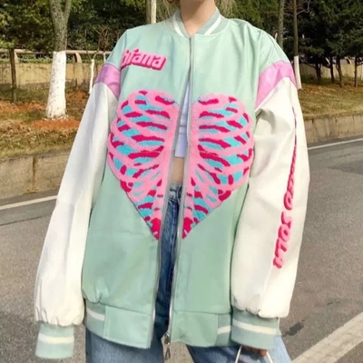 Retro Vintage Pastel Heart Ribs Print Oversized Long Sleeve Zipper Hoodie Sweatshirt Aesthetic Casual E-Girl Kawaii Korean Japanese Harajuku