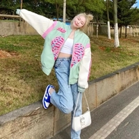 Retro Vintage Pastel Heart Ribs Print Oversized Long Sleeve Zipper Hoodie Sweatshirt Aesthetic Casual E-Girl Kawaii Korean Japanese Harajuku - Thumbnail 2