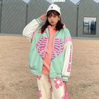 Retro Vintage Pastel Heart Ribs Print Oversized Long Sleeve Zipper Hoodie Sweatshirt Aesthetic Casual E-Girl Kawaii Korean Japanese Harajuku - Thumbnail 3