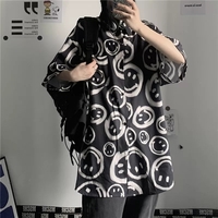 Black Smiley Happy Face Cartoon Print Button Down Oversize Short Sleeve Shirt Goth Aesthetic Casual Summer E-Girl Kawaii Korean Japanese Harajuku - Thumbnail 3