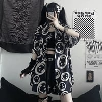 Black Smiley Happy Face Cartoon Print Button Down Oversize Short Sleeve Shirt Goth Aesthetic Casual Summer E-Girl Kawaii Korean Japanese Harajuku - Thumbnail 4