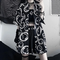 Black Smiley Happy Face Cartoon Print Button Down Oversize Short Sleeve Shirt Goth Aesthetic Casual Summer E-Girl Kawaii Korean Japanese Harajuku - Thumbnail 5