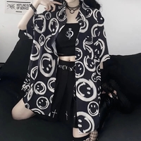 Black Smiley Happy Face Cartoon Print Button Down Oversize Short Sleeve Shirt Goth Aesthetic Casual Summer E-Girl Kawaii Korean Japanese Harajuku - Thumbnail 6