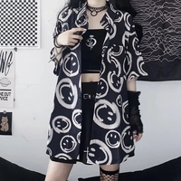 Black Smiley Happy Face Cartoon Print Button Down Oversize Short Sleeve Shirt Goth Aesthetic Casual Summer E-Girl Kawaii Korean Japanese Harajuku - Thumbnail 8