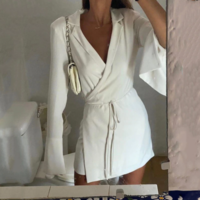  Flare Long Sleeve Black White Blazer Coat - Thumbnail 7
