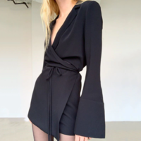  Flare Long Sleeve Black White Blazer Coat - Thumbnail 1