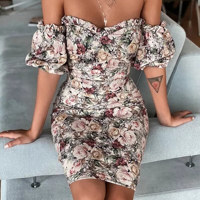  Floral Print Off Shoulder Mini Dress 
