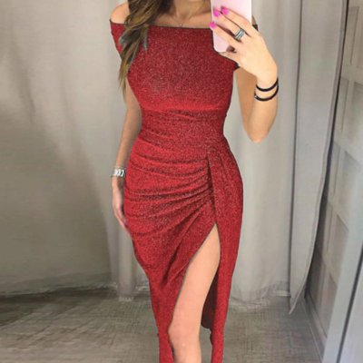 Off shoulder party dress shiny glitter