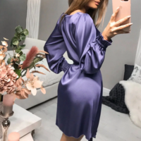 Lantern Sleeve O-Neck Belt A-Line Dress - Thumbnail 3