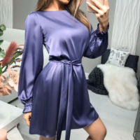 Lantern Sleeve O-Neck Belt A-Line Dress - Thumbnail 2