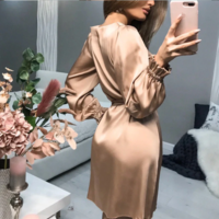 Lantern Sleeve O-Neck Belt A-Line Dress - Thumbnail 5