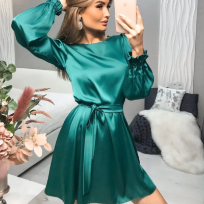 Lantern sleeve o-neck belt a-line dress - Thumbnail 5