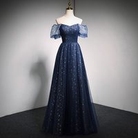 Blue tulle long A line prom dress blue evening dress - Thumbnail 1
