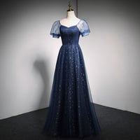 Blue tulle long A line prom dress blue evening dress - Thumbnail 2