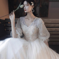 Champagne tulle lace long prom dress evening dress - Thumbnail 1