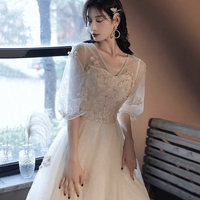 Champagne tulle lace long prom dress evening dress - Thumbnail 2