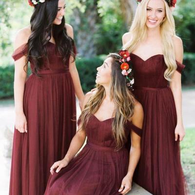 Off the shoulder burgundy bridesmaid dresses - Thumbnail 5