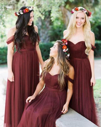 Off the Shoulder Burgundy Bridesmaid Dresses