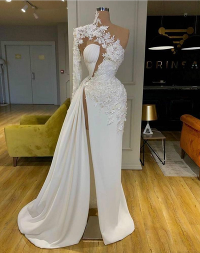 Exquisite Lace White Prom Dresses High Neck One Shoulder Long Sleeve Formal Evening Gowns Side Split Robes De Mariée，1183