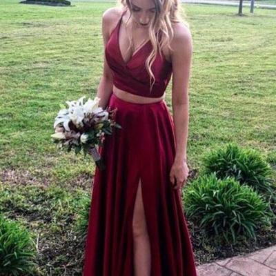 2021 two piece prom dresses, wine red prom dresses, long prom dresses，1184