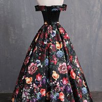 Black Floral Satin Off Shoulder Strapless Long Formal Prom Dress, Evening Dress,1186 - Thumbnail 1