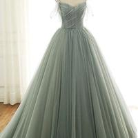 Sage green tulle long ball gown with spaghetti straps, sage green sweet 16 dress prom gown,1189 - Thumbnail 1