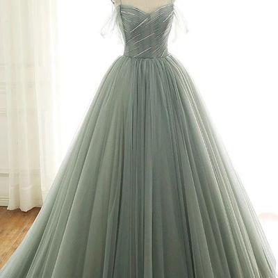 Sage green tulle long ball gown with spaghetti straps, sage green sweet 16 dress prom gown,1189