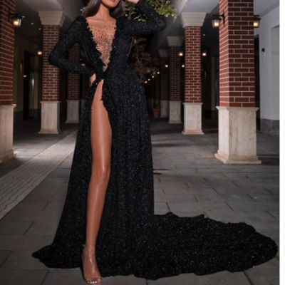 Black long prom dress, popular evening dress ,fashion wedding slit party dress,1191