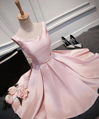 Cute Pink Round neck satin short prom dress