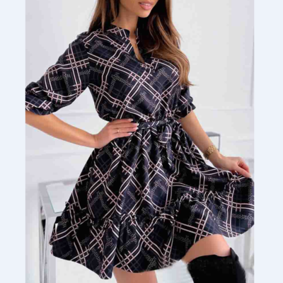 Women's long sleeve black printed dress - Thumbnail 4