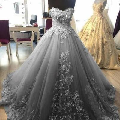 Elegent silver ball gown prom dresses with lace - Thumbnail 3