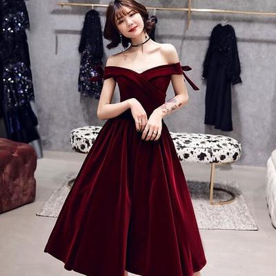 Beauty v neck burgundy velvet short homecoming dress - Thumbnail 3