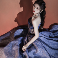 Blue sequins long A line prom dress evening dress - Thumbnail 1