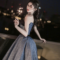 Blue sequins long A line prom dress evening dress - Thumbnail 3