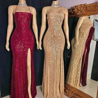 Sexy Mermaid Spaghetti Straps Burgundy Sequins Long Prom Evening Dress with Split,637 - Thumbnail 2