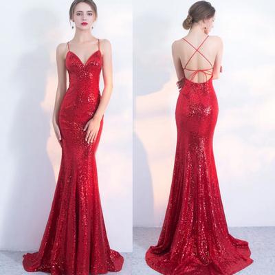 Spaghetti strap mermaid sequins long prom dresses - Thumbnail 2