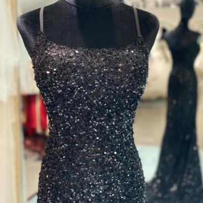 Popular black sequins long prom dresses with slit  - Thumbnail 3
