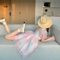 Rainbow Pink Puff Sleeves Dress - Thumbnail 4
