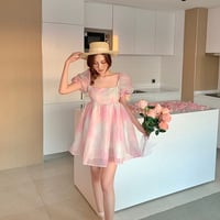 Rainbow Pink Puff Sleeves Dress - Thumbnail 6